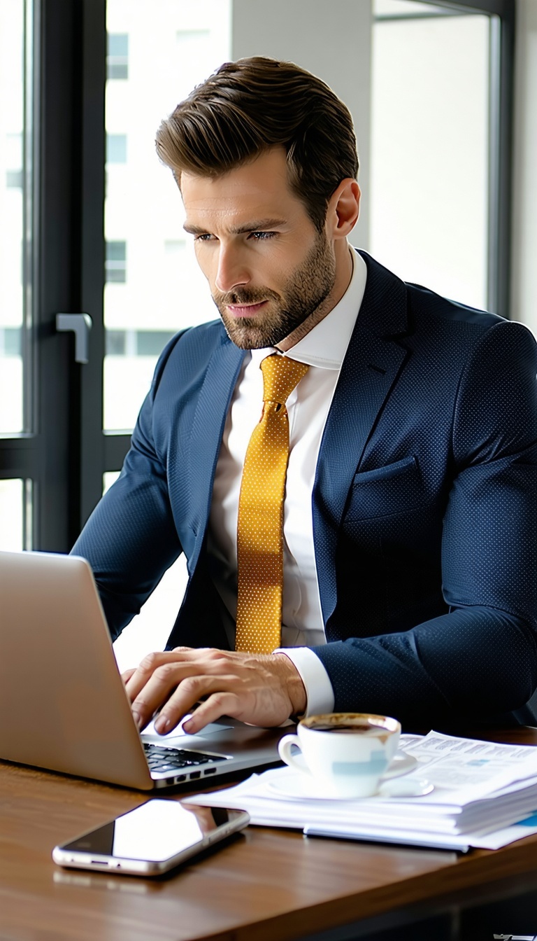 The man exuding an air of confidence and satisfaction is dressed in a crisp tailored suit that fits him perfectly complete with a neatly pressed dress shirt and a vibrant tie that adds a pop of color to his ensemble His focused expression reveals a s